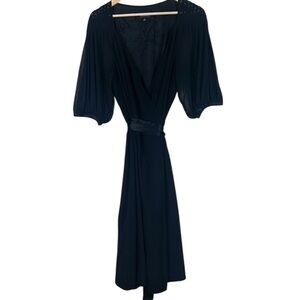 Adrianna Papell Black Puff Sleeve Midi Wrap Dress